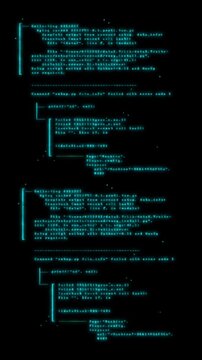 Vertical scrolling cyan computer code displaying error logs on a black terminal screen