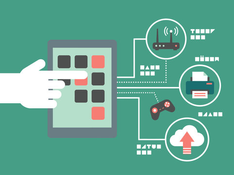 IoT Smart Home Automation Concept with Tablet Control and Connected Devices Illustration