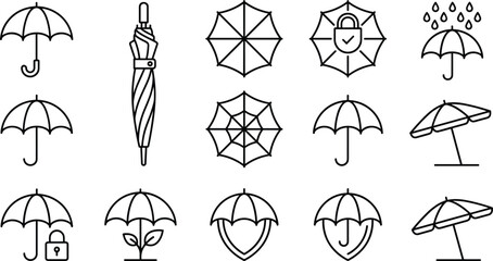 Umbrella Icon Set Featuring Rain Protection Closed parasol Shield Security Lock Plant Insurance and Sunshade Beach Parasol Symbols for Weather Apps and Shipping Labels © Nurchhana