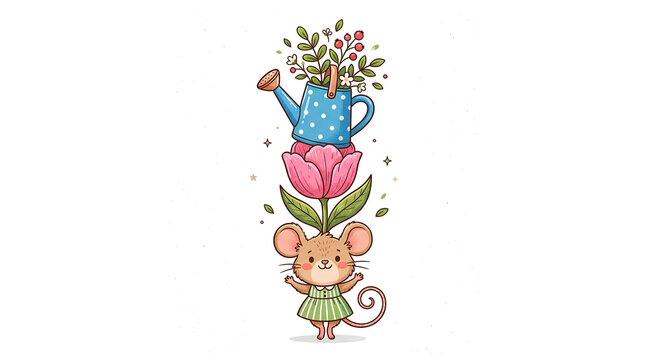 Cute mouse with flower and watering can. Whimsical animal illustration for nursery decor.