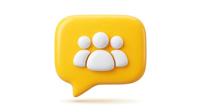3d yellow speech bubble icon with a white group of people symbol for social communication isolated on white background