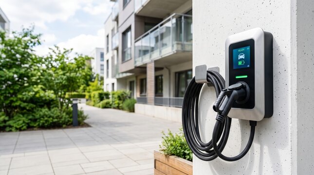 Wallbox EV charger installed at modern residential apartment complex
