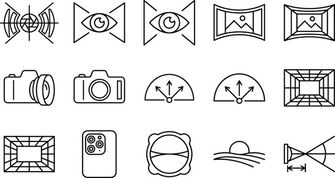 Camera Lens and Photography Icon Set Featuring Field of View, Panorama, Wide Angle, Focal Length, and Ultrawide Camera Mode Symbols for Mobile Apps