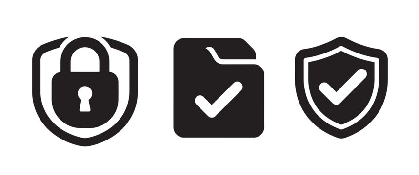 A set of three black featuring a shield with a padlock, a document with a check mark, and a shield with a check mark on a white background