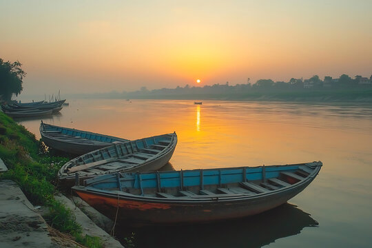 Sunrise Over the Ganges River with Traditional Boats Docked Along the Bank.