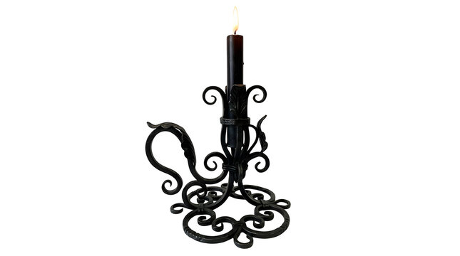 Vintage wrought iron candlestick with burning black candle, ornate gothic metal candle holder, antique forged iron candelabra with flame isolated on Transparent Background