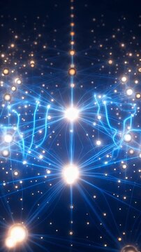 Abstract data network visualization with glowing blue nodes and gold particles, digital infrastructure connectivity, neural pathways, tech infrastructure