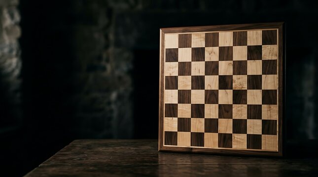 Handcrafted wooden chessboard standing on a rustic table