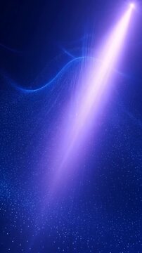 Abstract deep blue particle field with luminous light ray beam, digital data network flow, motion background for tech and science projects