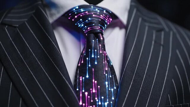 Glowing fiber optic necktie with neon pink and blue lights on dark pinstripe suit
