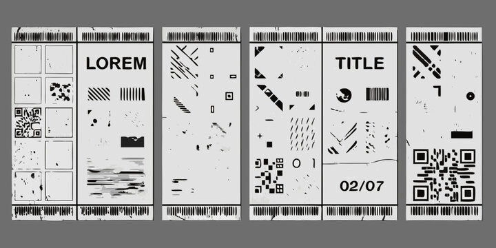 six vertical monochrome posters with abstract patterns and text barcodes codes grunge design graphic art black white illustration vector modern contemporary composition layout