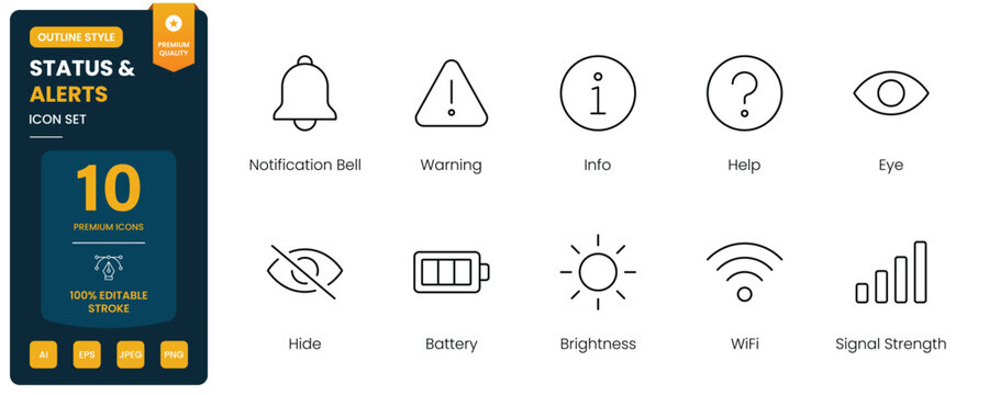 status alerts icon line style notification warning editable stroke vector set