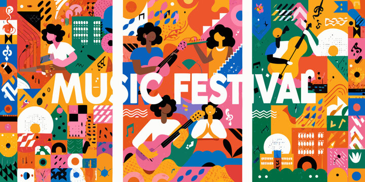 music festival posters colorful vector illustration musicians guitar drums saxophone instruments cityscape pattern graphic design event promotion atmosphere urban scene artwork modern art