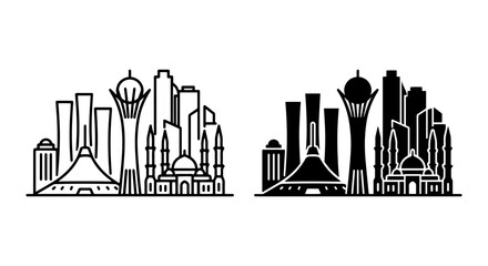 Fototapeta premium Modern City Skyline Silhouette, Architectural Landmarks, Urban Landscape Vector Art, Black and White Design