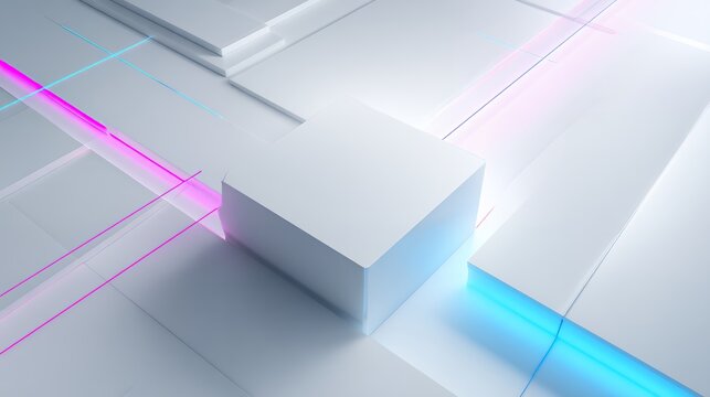 Futuristic 3D white geometric blocks background with glowing neon pink and blue laser lines. High tech abstract concept.