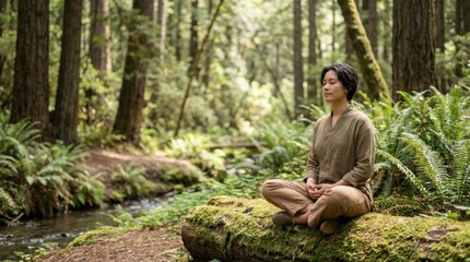 Fototapeta premium Woman Meditating in Forest Nature Setting with River and Green Foliage