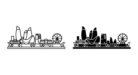 Obraz premium Cityscape Train Silhouette, Urban Landscape Vector Art, Modern Architecture Icons, Transportation Scene