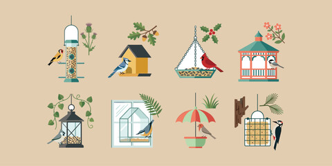 Backyard Bird Feeders Vector Set Wild Birds Goldfinch Blue Jay Northern Cardinal Chickadee Nuthatch Woodpecker Tube Feeder Suet Cage Wooden Birdhouse Gazebo Window Feeder Clipart Collection © Animesh