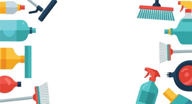 A vibrant illustration of various cleaning supplies like brushes, sprays, and bottles arranged along the borders of a white space.