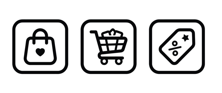 Set of three black square featuring a shopping bag with a heart, a shopping cart with boxes, and a price tag with a percentage and star