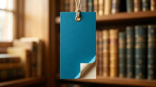 Blue paper tag hanging in front of blurred library bookshelves