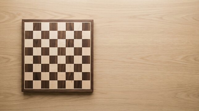 Empty wooden chessboard on a light wood table surface