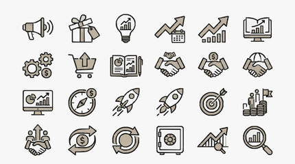 Fototapeta premium Clean Minimalist Line Icons Set Featuring Business Marketing Finance and Growth Concepts in Monochrome