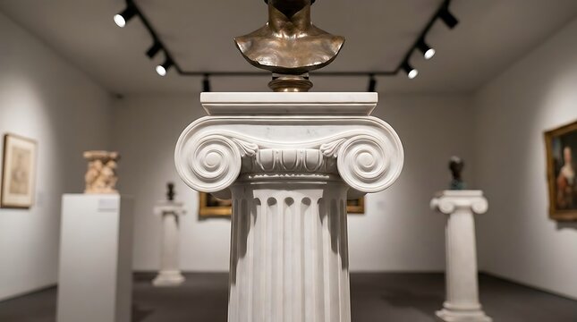 Classic ionic column capital on display in a modern art museum isolated on white background
