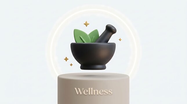 3d mortar and pestle with green leaves for natural wellness isolated on white background