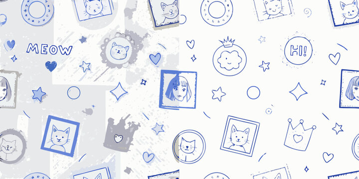 playful blue ink sketch photo frames and cat faces illustration pattern avatar meow stars hearts crown speech bubble cartoon animal portrait design background