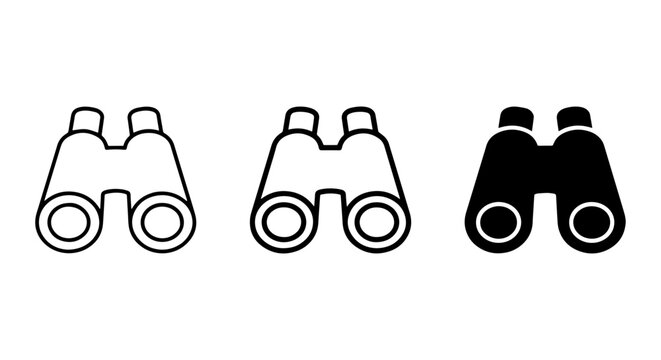 Binoculars Icon Set, Optical Zoom Tool Vector Graphics, Magnification Lens Symbols, Search and Discovery Icons