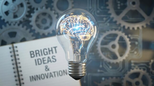 Light bulb with human brain and gears for bright ideas isolated on white background