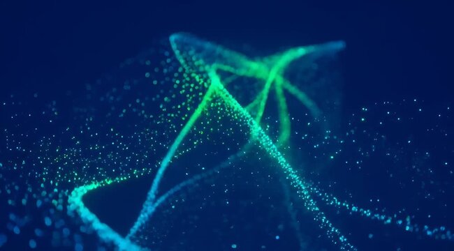 Abstract flowing blue and green particles creating a wave motion, digital network connection, data stream, futuristic tech background