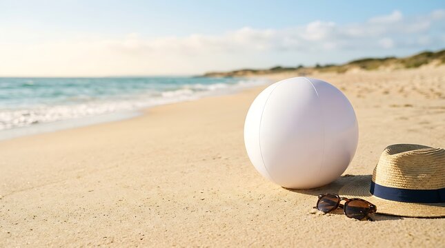 White beach ball with straw hat and sunglasses on sunny coast