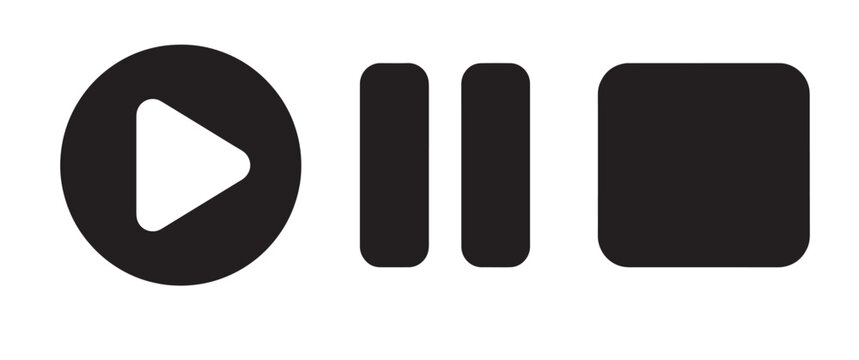 Three black media control featuring a play button inside a circle, a pause symbol, and a stop square on a white background