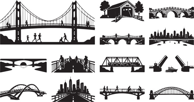 Collection of black silhouette depicting various types of bridges, including suspension, arch, truss, and drawbridges in different settings