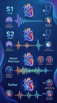 Cardiac cycle infographic explaining heart sounds and murmurs