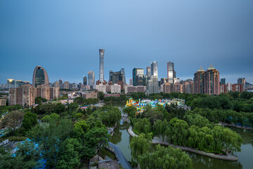 Fototapeta premium Blue Moments: Beijing CBD Skyline Park and Lake View Night View