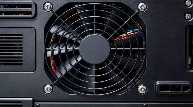 Close-up of a Black Computer Power Supply Unit Cooling Fan with Protective Wire Mesh Grill and Internal Wiring