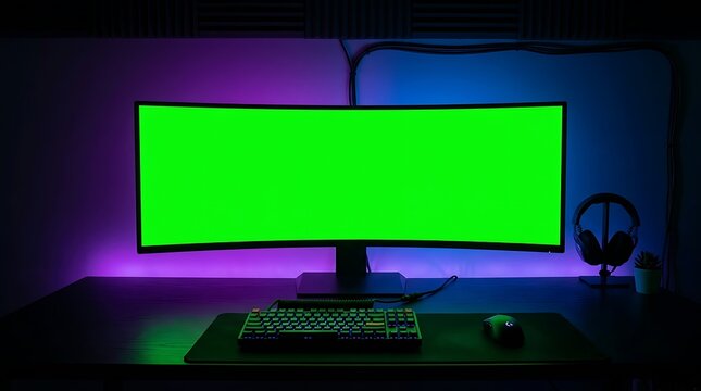 Wide computer monitor with green screen display on a dark desk with colorful neon gaming lights in a room
