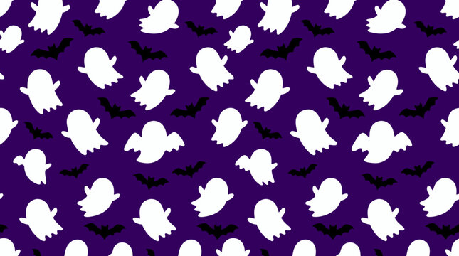White Ghosts Black Bats Flying Dark Purple Halloween Seamless Pattern Vector