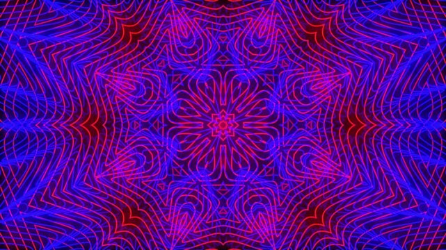 Abstract glowing blue and red neon geometric mandala pattern background