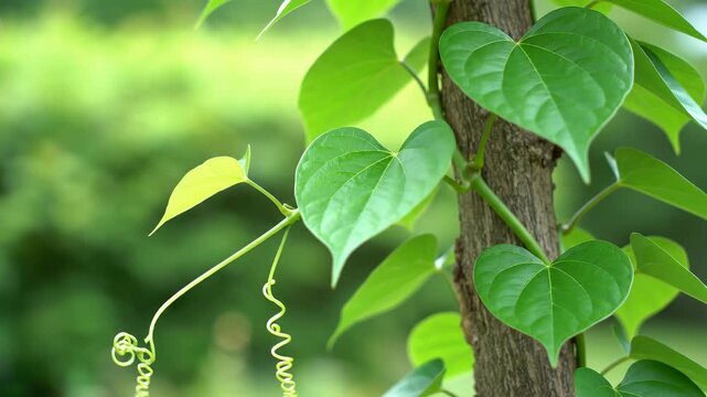 Fresh giloy vine with heart shaped leaves growing on tree