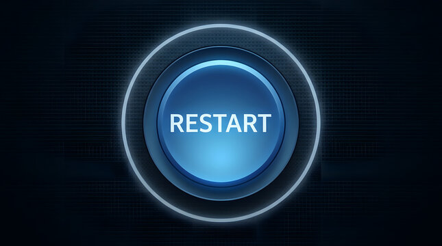 Futuristic glowing blue circular restart button with sleek metallic rim, illuminated center, and subtle digital grid background, symbolizing system reset or reboot in modern technology interfaces