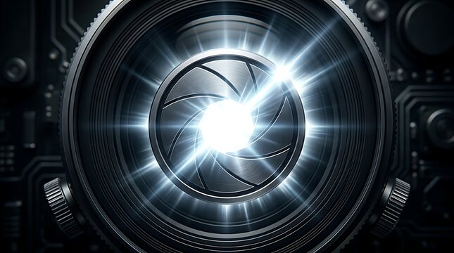 Futuristic camera lens aperture with glowing light flare