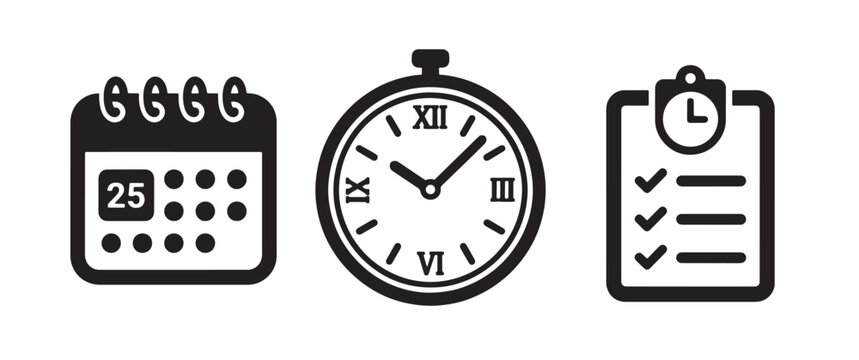A set of black featuring a calendar with the date twenty-five, a round analog clock with roman numerals, and a clipboard with a checklist on white background