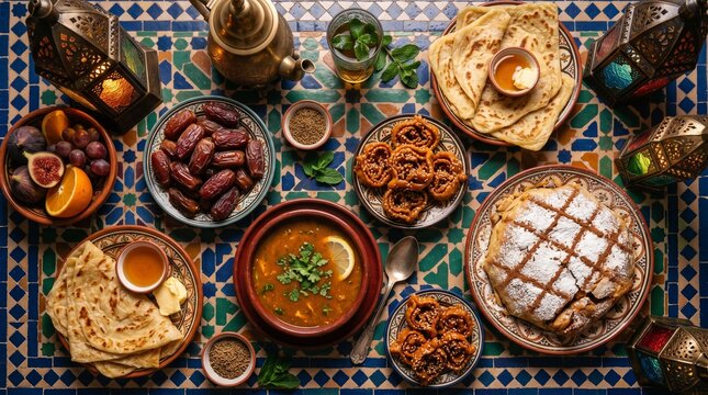 Moroccan Ramadan Iftar feast table with harira soup, pastilla, dates, msmen, chebakia, and mint tea on zellige tile