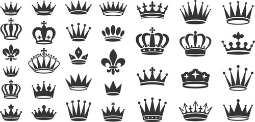 Royal crown black silhouette icon set featuring vintage heraldic tiaras, king diadem symbols, and luxury emblems © UK