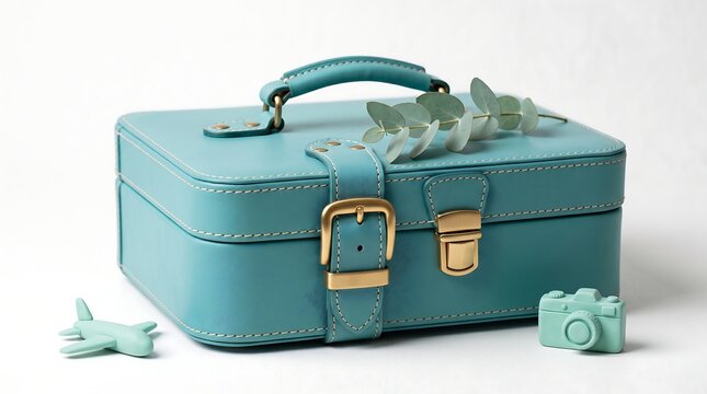 Vintage turquoise suitcase with toy camera and airplane