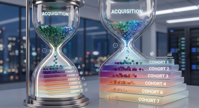 Hourglass funnel: acquisition to revenue cohorts; time-to-value, payback period; churn vs retention.